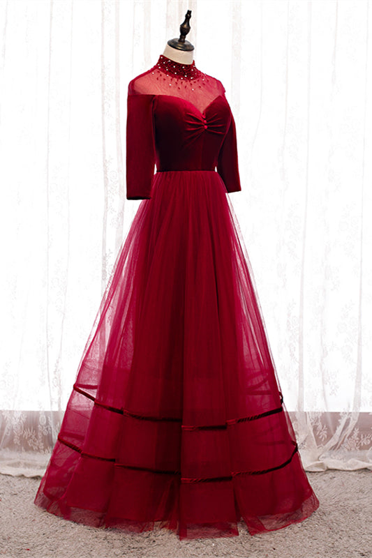 Red Beaded Illusion High Neck Sleeves Pleated Maxi Formal Dress with Buttons