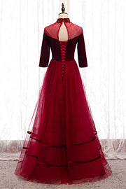 Red Beaded Illusion High Neck Sleeves Pleated Maxi Formal Dress with Buttons