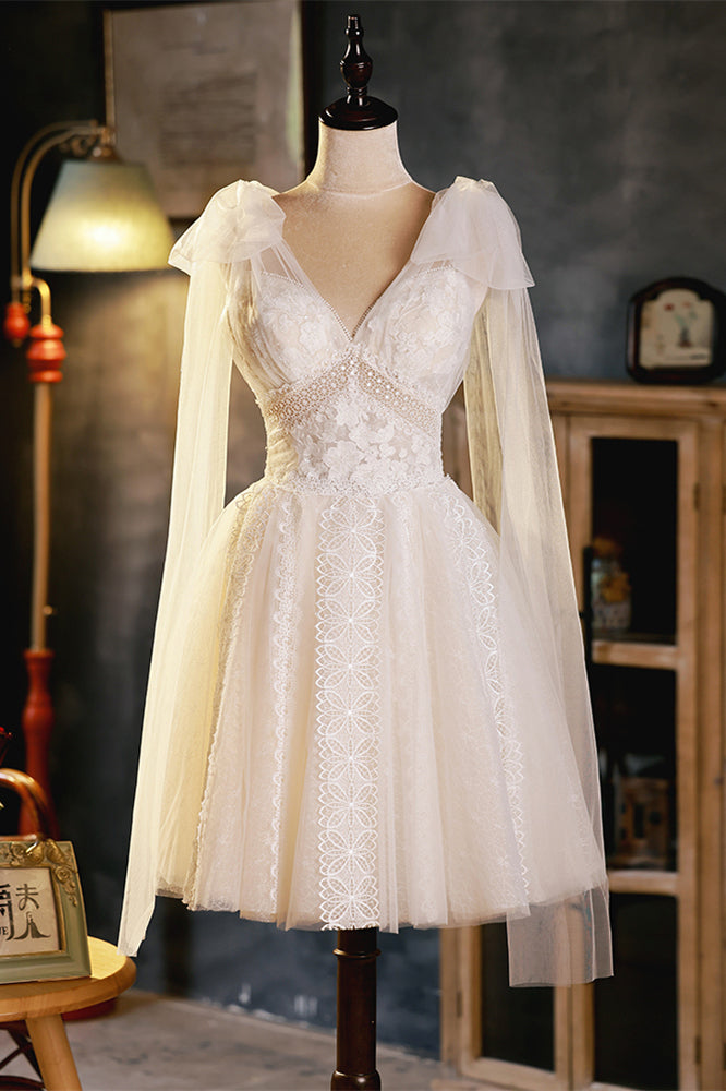 Ivory Empire Lace Bow Tie Shoulder Homecoming Dress
