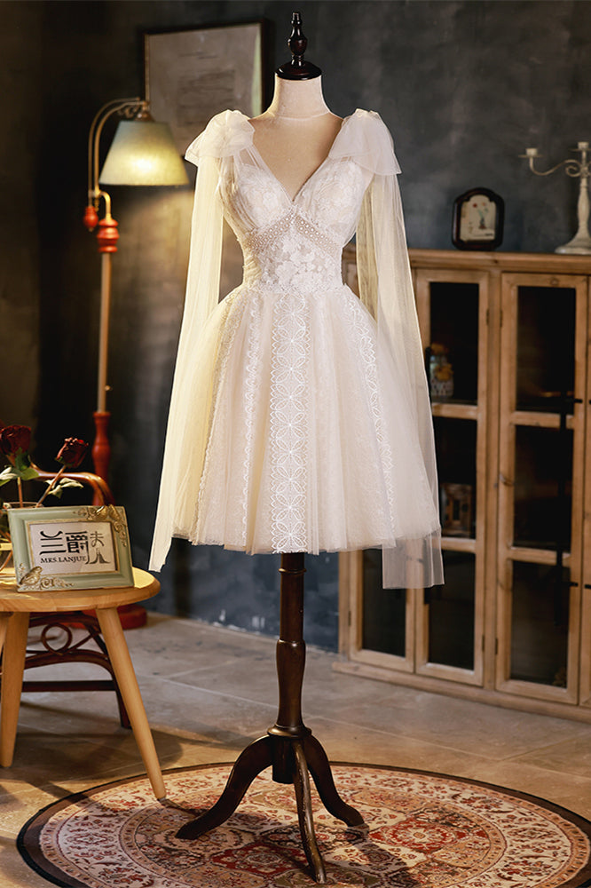 Ivory Empire Lace Bow Tie Shoulder Homecoming Dress