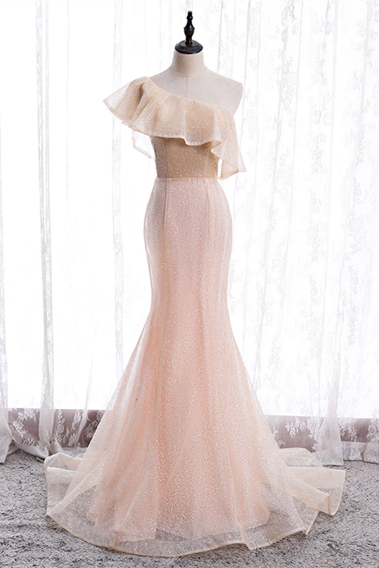 Blushing Pink One Shoulder Mermaid Ruffle Lace-Up Maxi Formal Dress