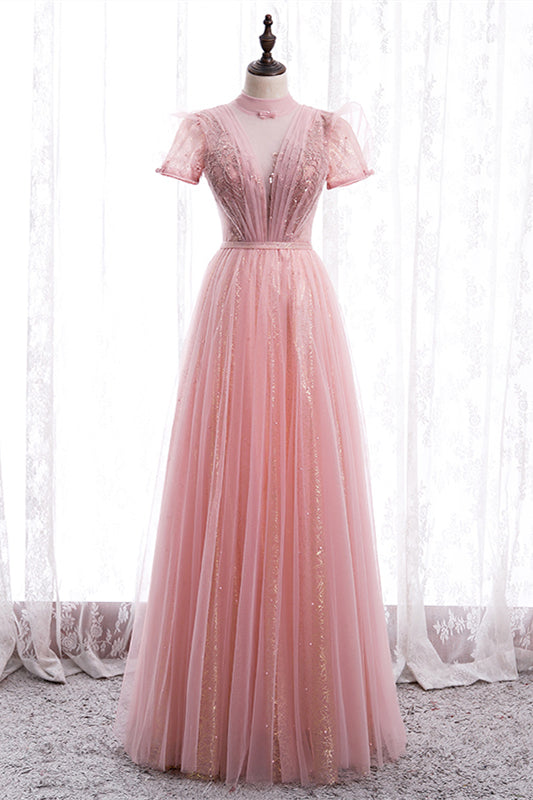 Pink A-line Illusion High Neck Beaded-Embroidery Maxi Formal Dress with Bow