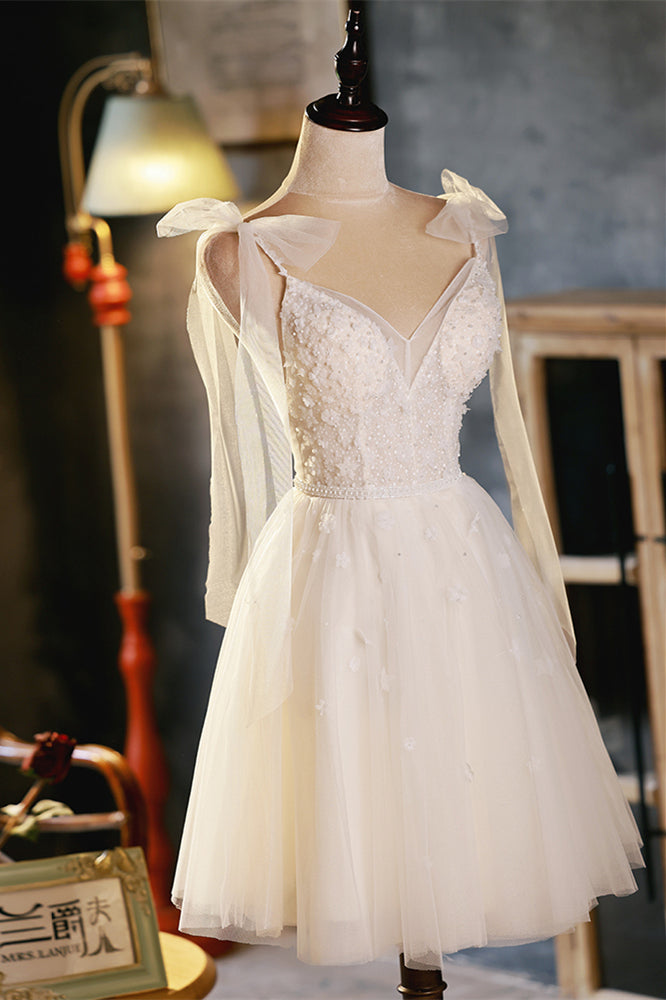 Ivory Bow Tie Shoulder V Neck Beaded Appliques Homecoming Dress Ivory Bow Tie Shoulder V Neck Beaded Appliques Homecoming Dress
