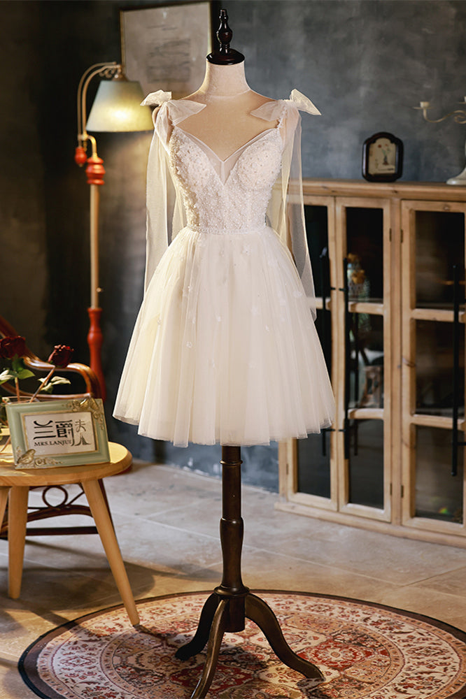 Ivory Bow Tie Shoulder V Neck Beaded Appliques Homecoming Dress Ivory Bow Tie Shoulder V Neck Beaded Appliques Homecoming Dress