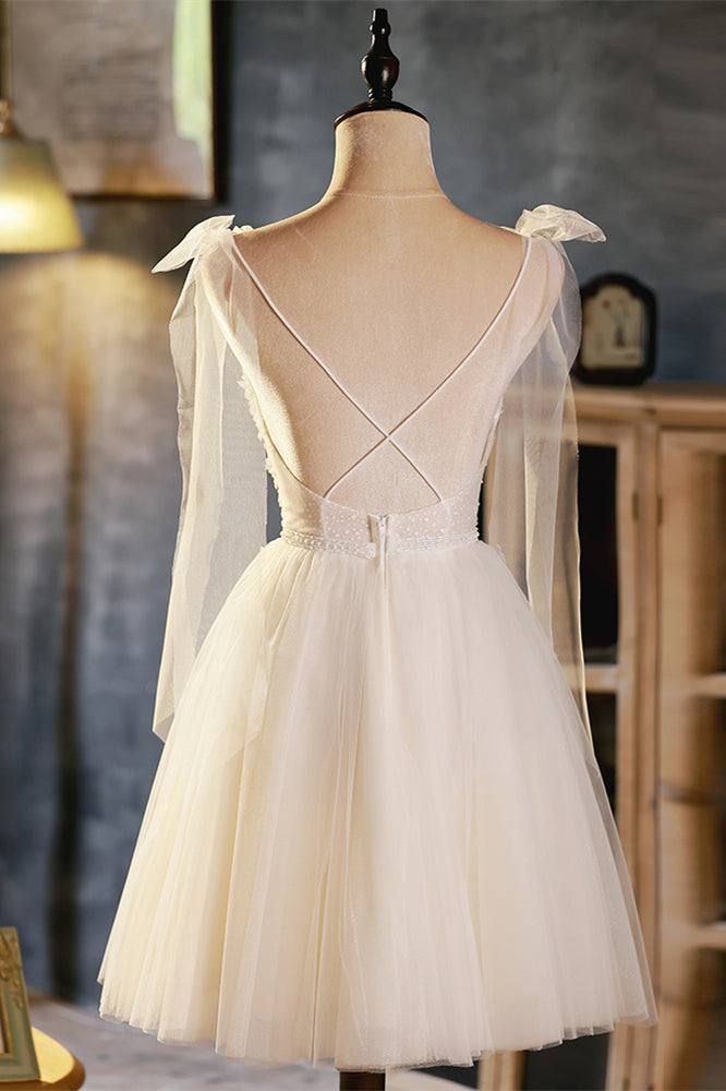 Ivory Bow Tie Shoulder V Neck Beaded Appliques Homecoming Dress