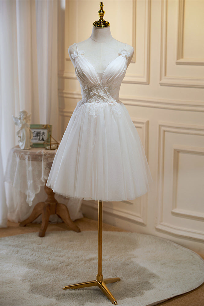 Ivory Beaded Straps Pleated Deep V Flowers Homecoming Dress