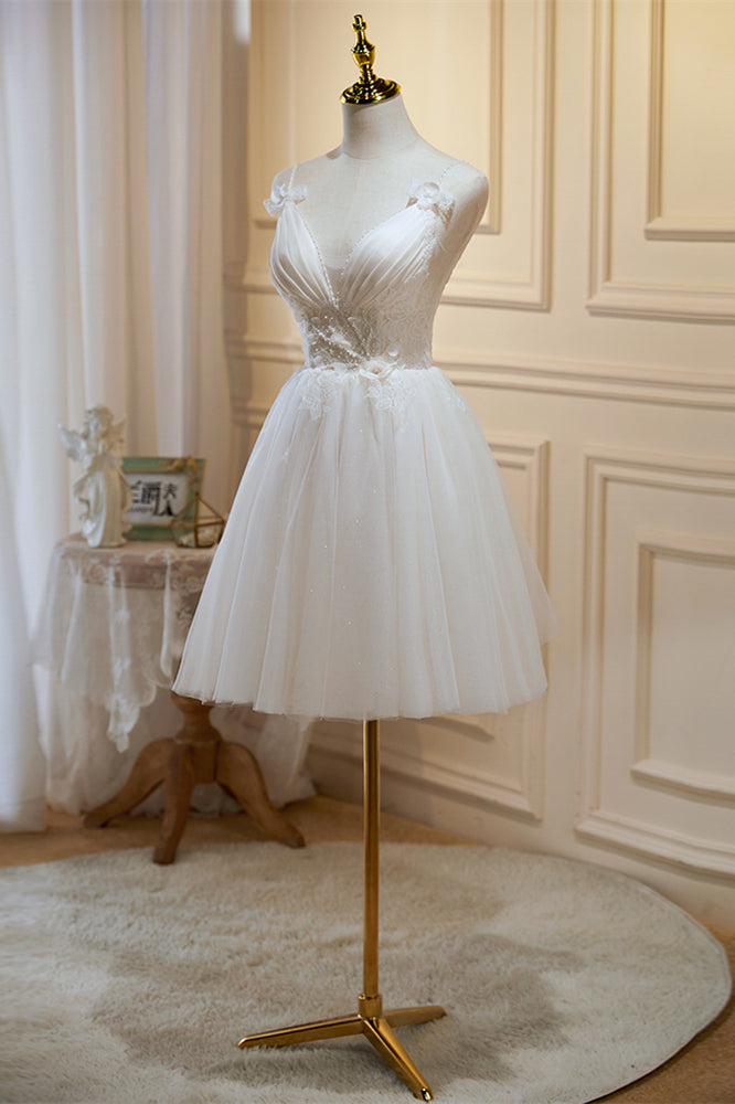 Ivory Beaded Straps Pleated Deep V Flowers Homecoming Dress