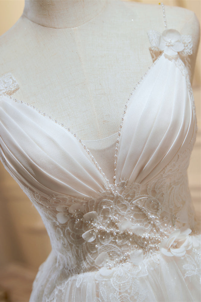 Ivory Beaded Straps Pleated Deep V Flowers Homecoming Dress