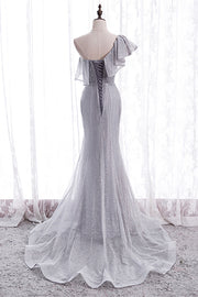 Grey One Shoulder Mermaid Ruffle Lace-Up Maxi Formal Dress