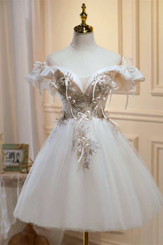 Ivory Off-the-Shoulder Bow Tie Beading-Embroidered Homecoming Dress Ivory Off-the-Shoulder Bow Tie Beading-Embroidered Homecoming Dress