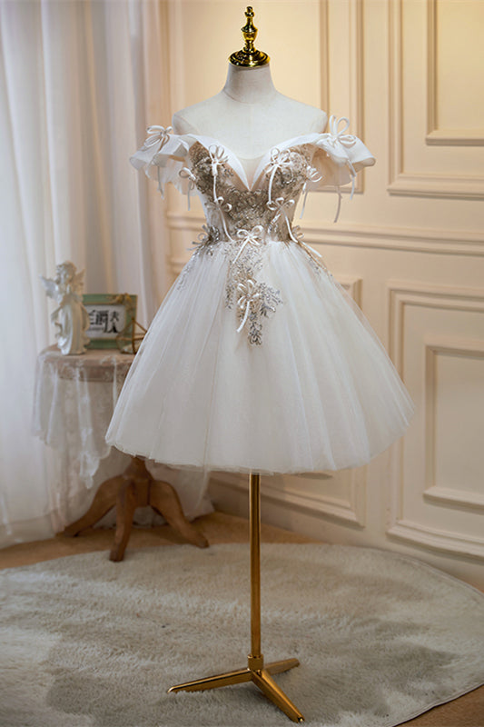 Ivory Off-the-Shoulder Bow Tie Beading-Embroidered Homecoming Dress | Joyofdress Ivory Off-the-Shoulder Bow Tie Beading-Embroidered Homecoming Dress | Joyofdress
