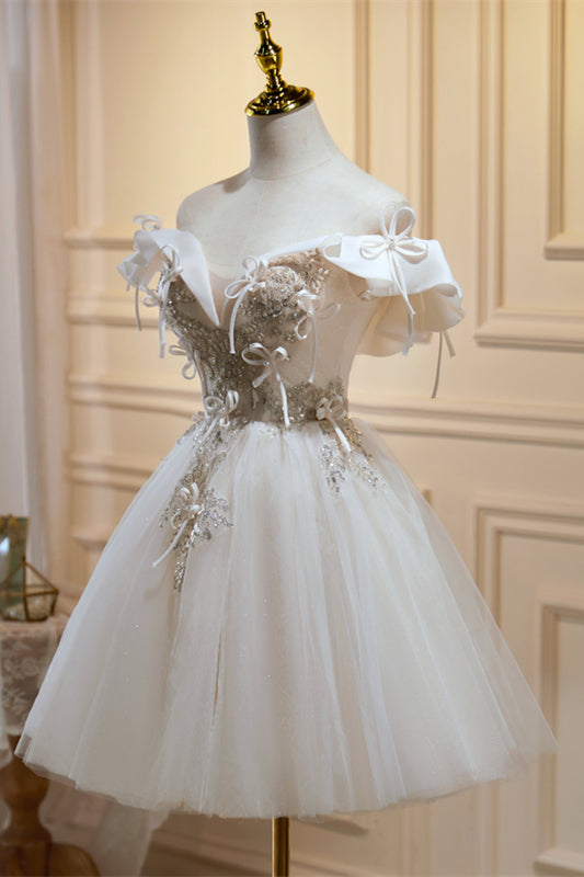 Ivory Off-the-Shoulder Bow Tie Beading-Embroidered Homecoming Dress | Joyofdress Ivory Off-the-Shoulder Bow Tie Beading-Embroidered Homecoming Dress | Joyofdress