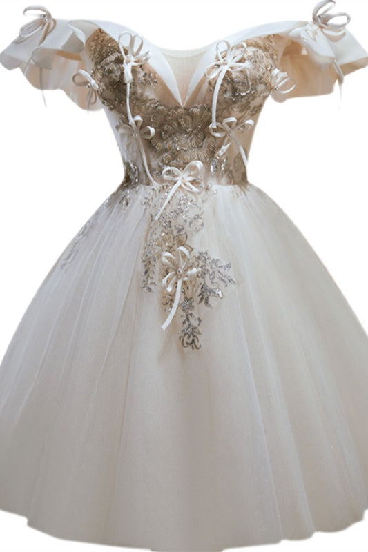 Ivory Off-the-Shoulder Bow Tie Beading-Embroidered Homecoming Dress