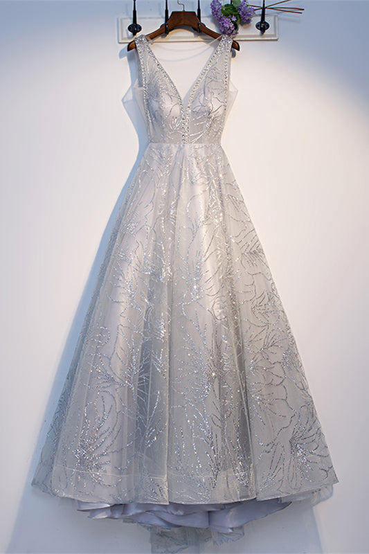 Grey Deep V Neck Sparkly-Embroidered Sequins Tea Length Formal Dress
