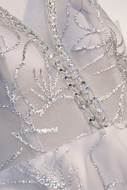 Grey Deep V Neck Sparkly-Embroidered Sequins Tea Length Formal Dress