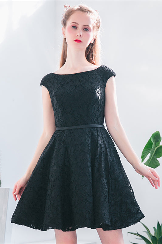 Black A-line Scoop Neck Cap Sleeves Lace Mini Formal Dress with sash
