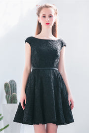 Black A-line Scoop Neck Cap Sleeves Lace Mini Formal Dress with sash