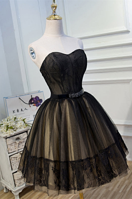 Black Strapless Lace Beaded Tulle Homecoming Dress