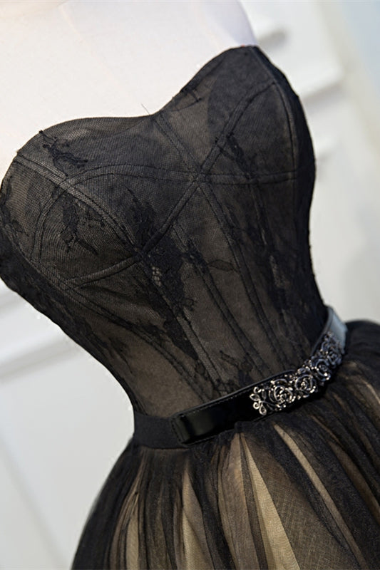 Black Strapless Lace Beaded Tulle Homecoming Dress