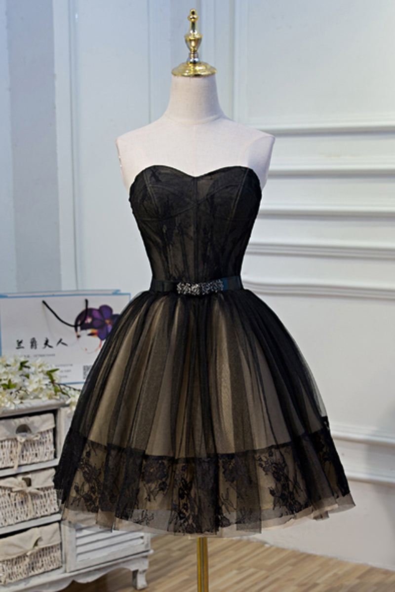 Black Strapless Lace Beaded Tulle Homecoming Dress