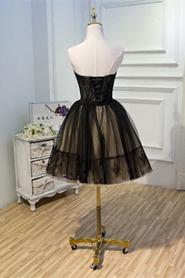 Black Strapless Lace Beaded Tulle Homecoming Dress