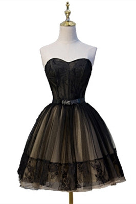 Black Strapless Lace Beaded Tulle Homecoming Dress