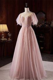 Pink Illusion Jewel Flaunting Sleeves Beaded Maxi Formal Dress