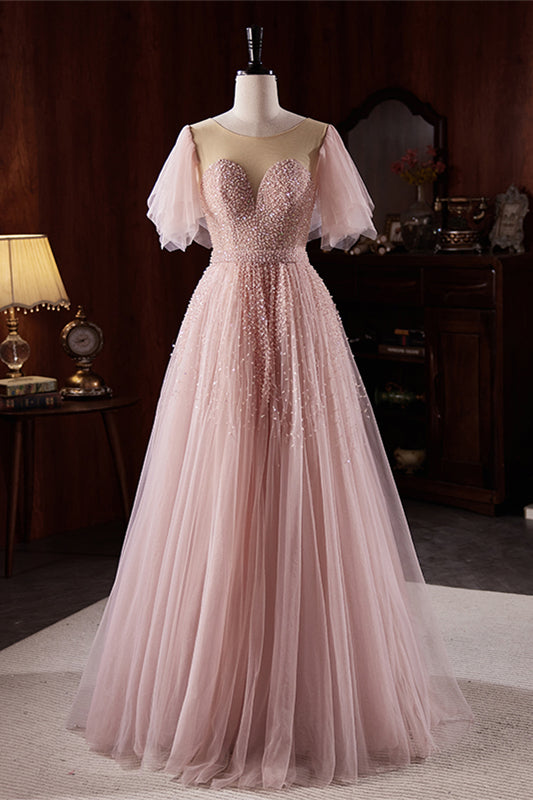 Pink Illusion Jewel Flaunting Sleeves Beaded Maxi Formal Dress