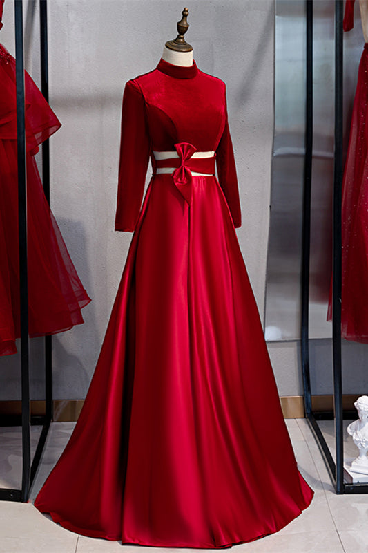 chinese dress ladies V-Neck Long Sleeves Deep Red Chiffon High Slit Prom Dresses,CP0004 US16 / As Pic main image 1