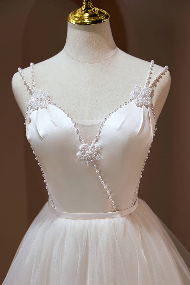 Ivory Double Straps Deep V Beaded Appliques Homecoming Dress