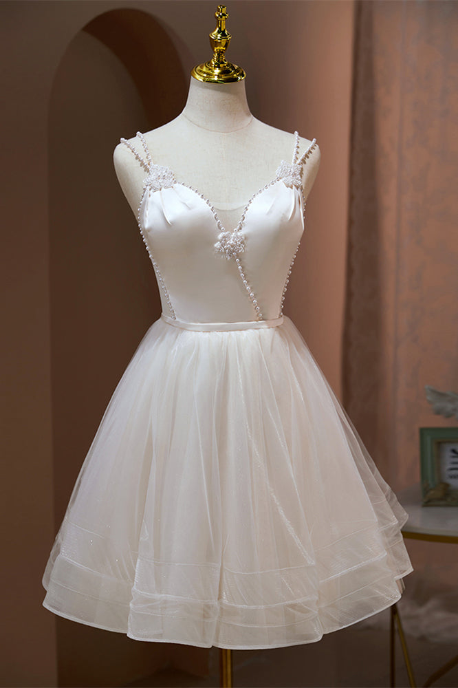 Ivory Double Straps Deep V Beaded Appliques Homecoming Dress
