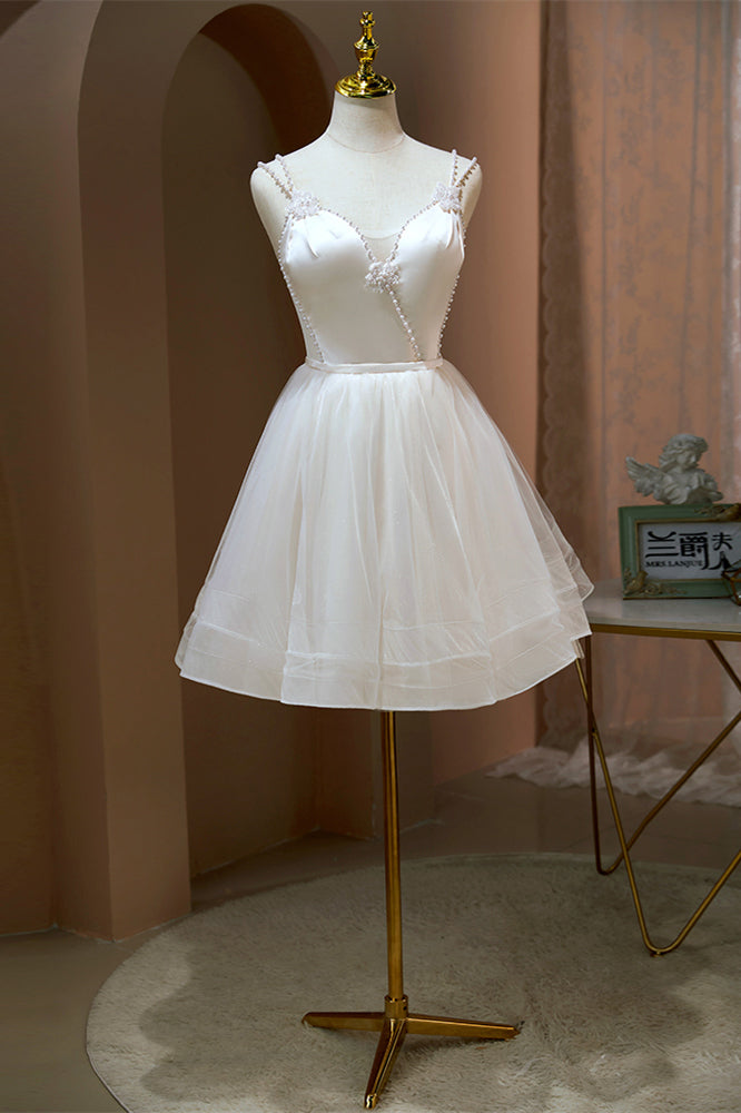 Ivory Double Straps Deep V Beaded Appliques Homecoming Dress