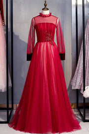 Red Illusion Neck Long Sleeves Beaded Applique Keyhole Maxi Formal Dress