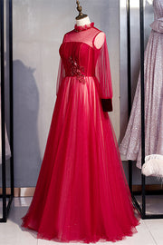 Red Illusion Neck Long Sleeves Beaded Applique Keyhole Maxi Formal Dress