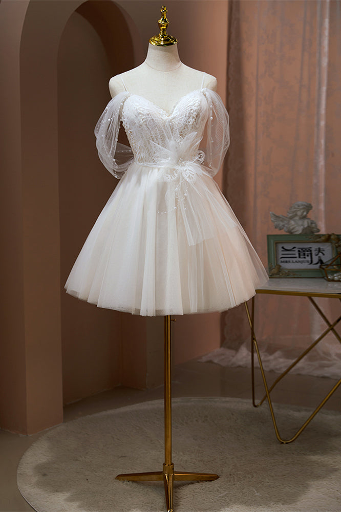 Ivory Off-the-Shoulder Straps Beaded Flower Homecoming Dress