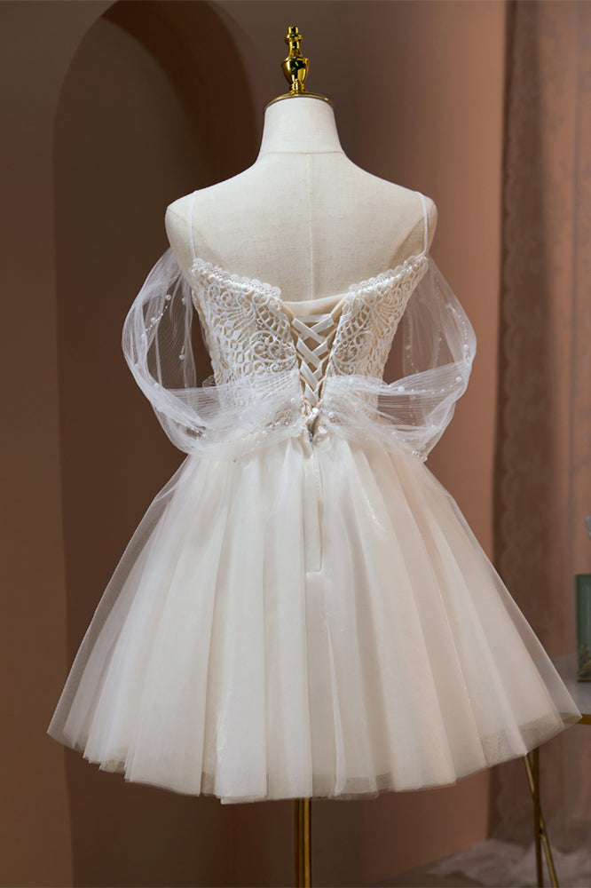Ivory Off-the-Shoulder Straps Beaded Flower Homecoming Dress
