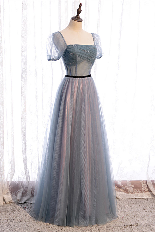 Grey A-line Pleated Beaded Illusion Sleeves Textured Tulle Maxi Formal Dress