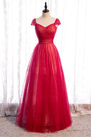 Red A-line V Neck Cap Sleeves Pleated Maxi Formal Dress with Dot Appliques