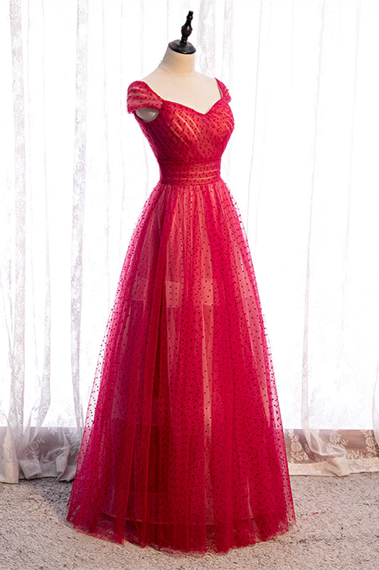 Red A-line V Neck Cap Sleeves Pleated Maxi Formal Dress with Dot Appliques