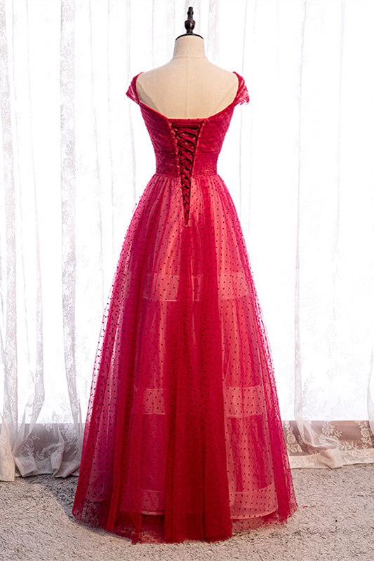 Red A-line V Neck Cap Sleeves Pleated Maxi Formal Dress with Dot Appliques