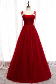 Red A-line Pleated Bow Tie Double Straps Beaded Appliques Maxi Formal Dress