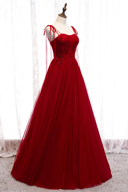 Red A-line Pleated Bow Tie Double Straps Beaded Appliques Maxi Formal Dress