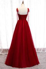 Red A-line Pleated Bow Tie Double Straps Beaded Appliques Maxi Formal Dress