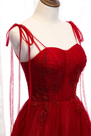 Red A-line Pleated Bow Tie Double Straps Beaded Appliques Maxi Formal Dress