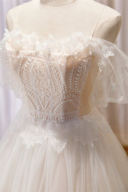 Ivory Beaded Lace Off-the-Shoulder Straps Homecoming Dress