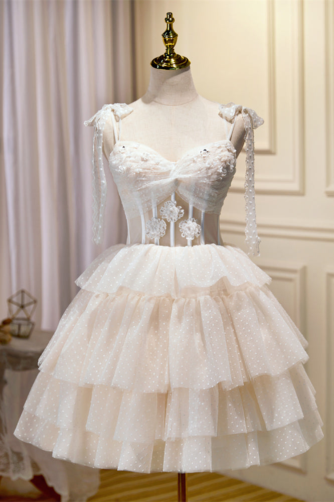 Ivory Bow Tie Twisted Appliques Multi-Layers Dots Homecoming Dress