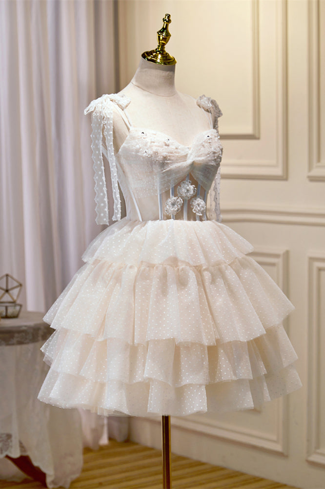 Ivory Bow Tie Twisted Appliques Multi-Layers Dots Homecoming Dress