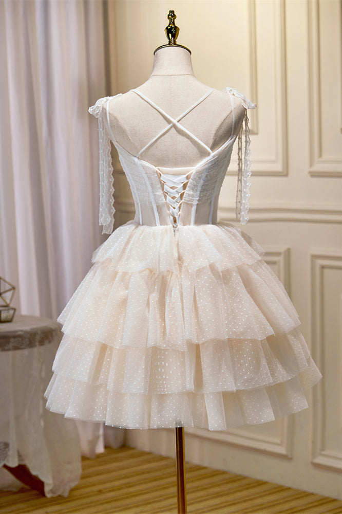 Ivory Bow Tie Twisted Appliques Multi-Layers Dots Homecoming Dress