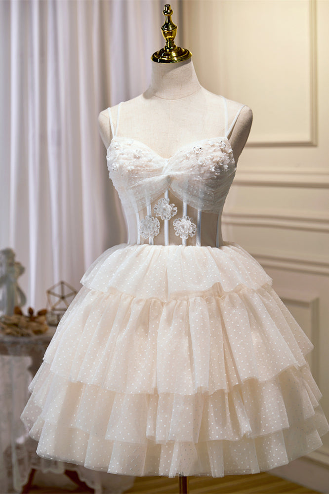 Ivory Bow Tie Twisted Appliques Multi-Layers Dots Homecoming Dress