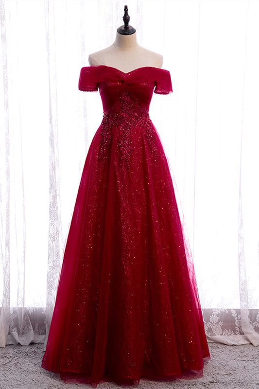 Red A-line Off-the-Shoulder Twist Knot Beaded Appliques Maxi Formal Dress